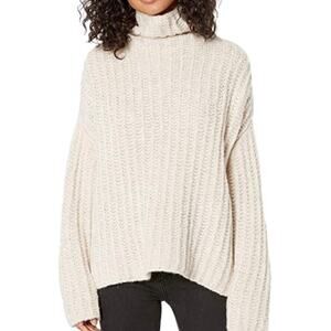 FREE PEOPLE | Beige Chunky Knit Sweater Mock  Fluffy Fox Oversize Wool | Large